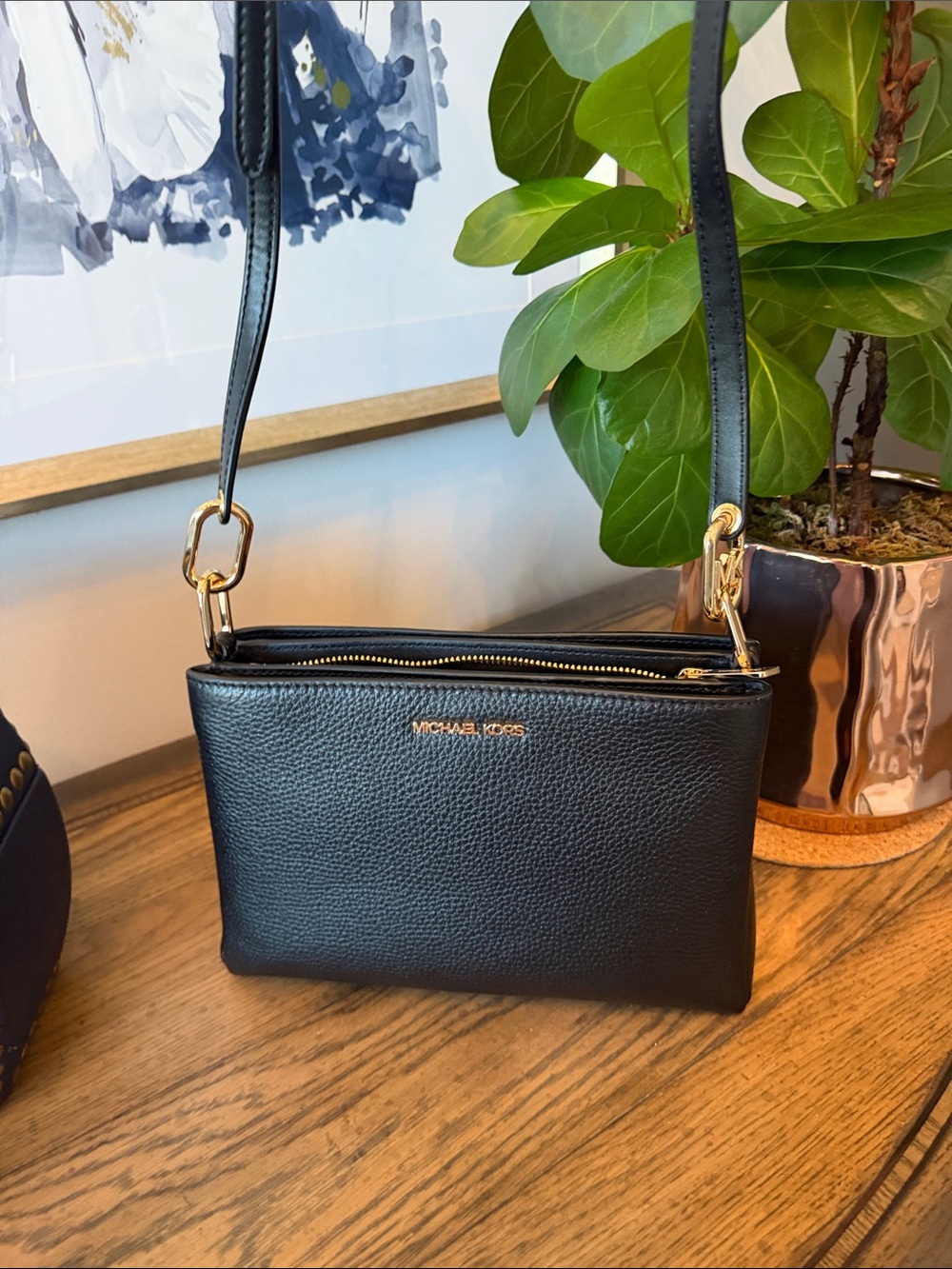 Michael Kors Black Leather Crossbody with Gold Hardware